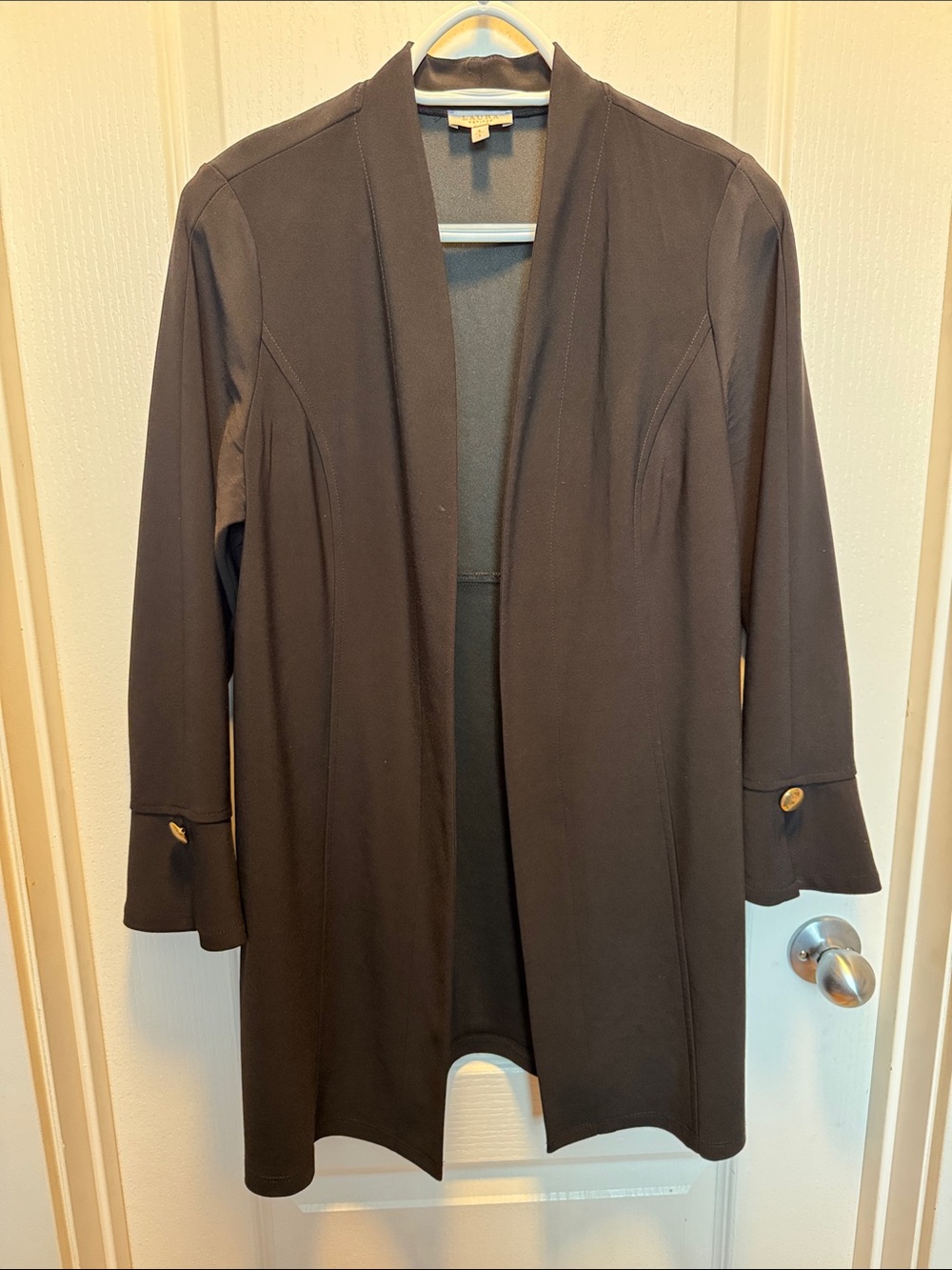 Women's Black Open-Front Longline Blazer with Button-Cuff Detail